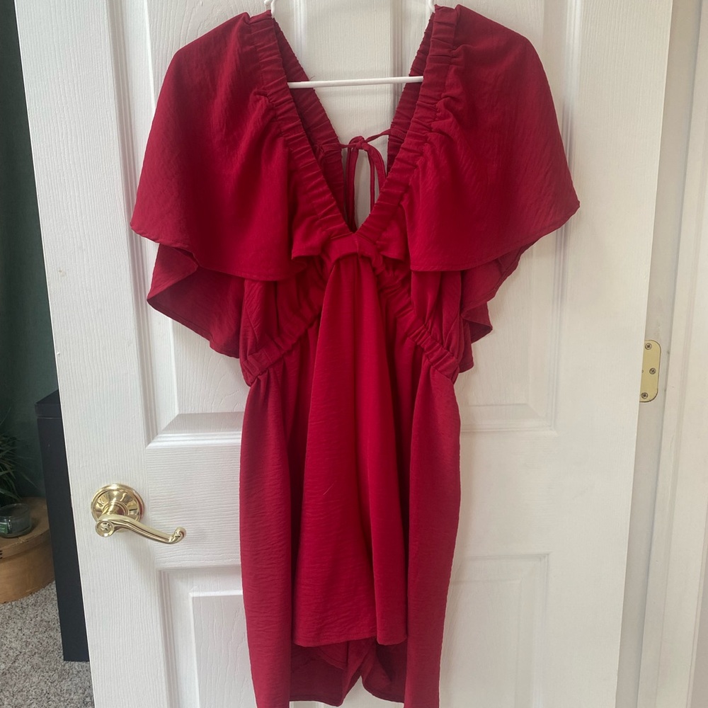 Red Asymmetrical Dress with Ruffled Sleeves and Tie Front